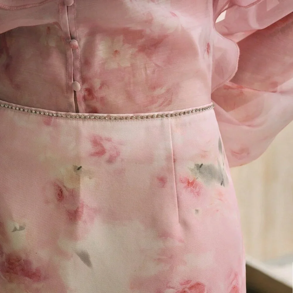 Multicolor Boho Women's Floral Print High Waist Skirt with Pearls & Rhinestones - Picture 4 of 7